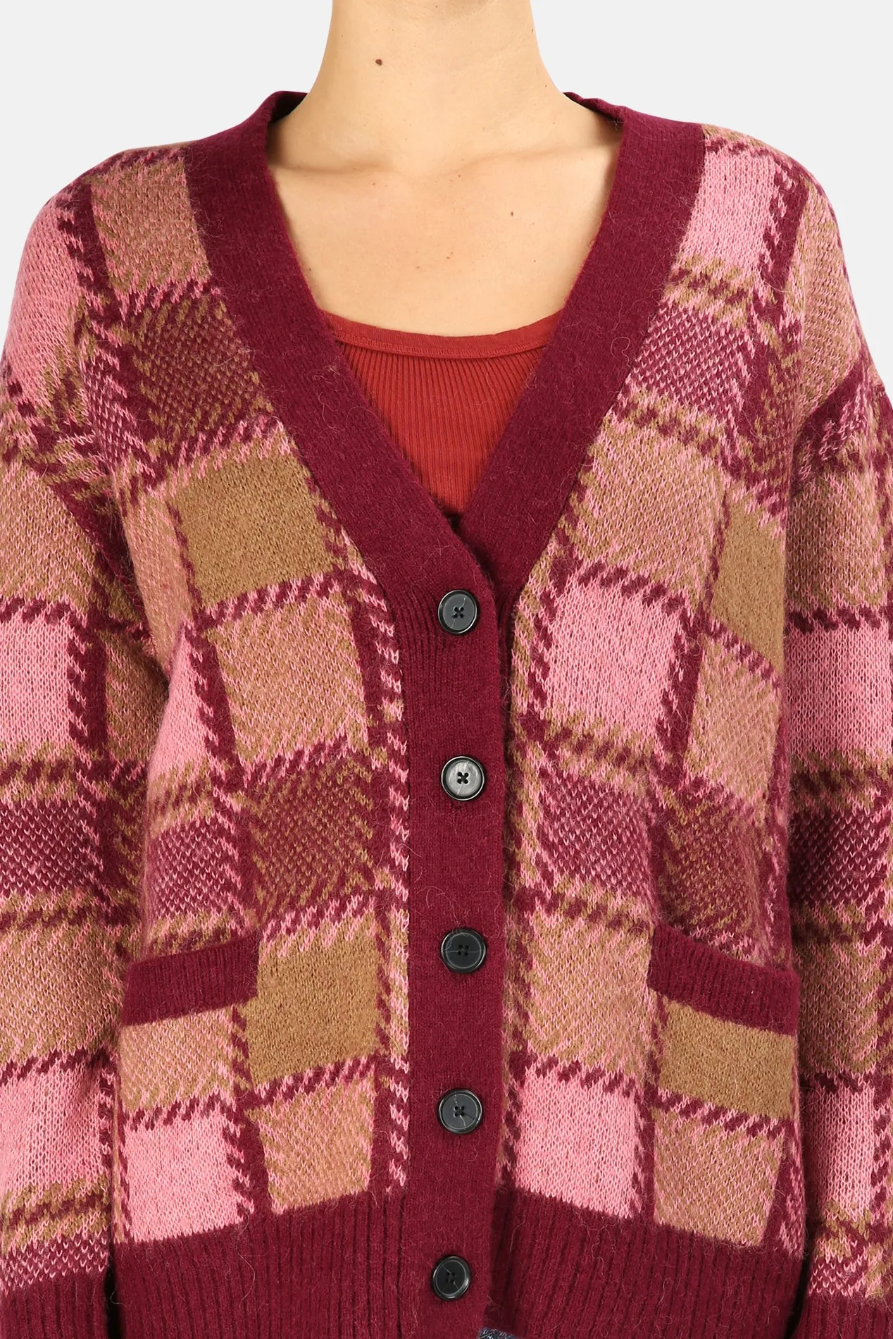 90s Oversized Cardigan Mulberry Plaid