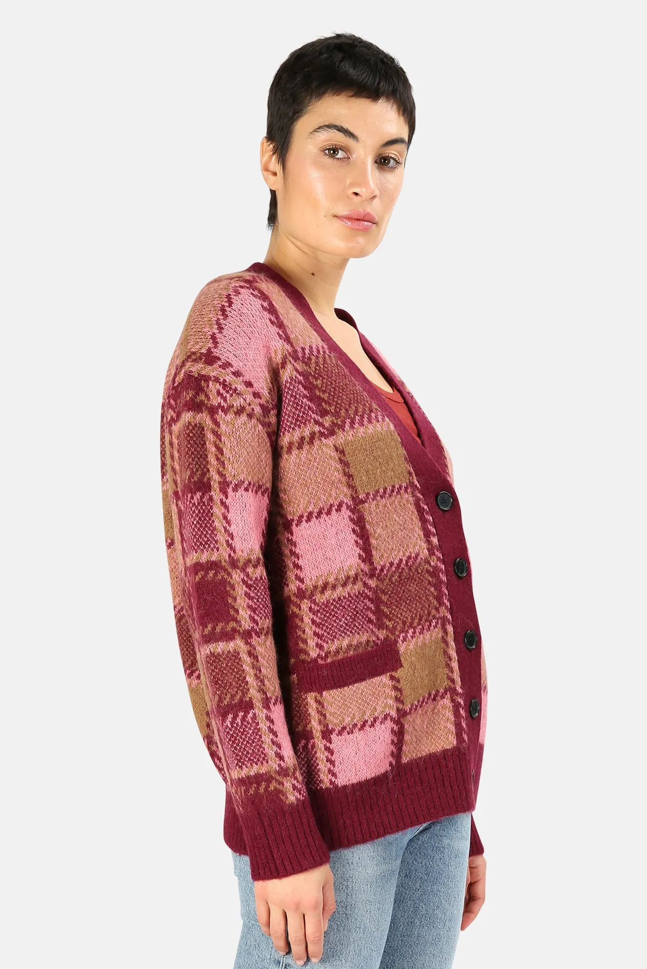 90s Oversized Cardigan Mulberry Plaid