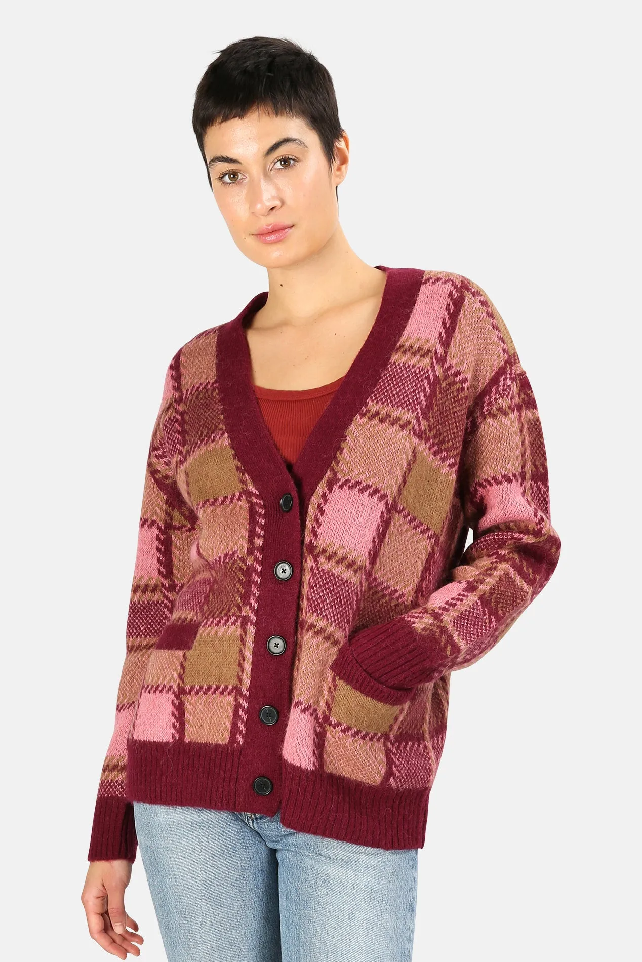 90s Oversized Cardigan Mulberry Plaid