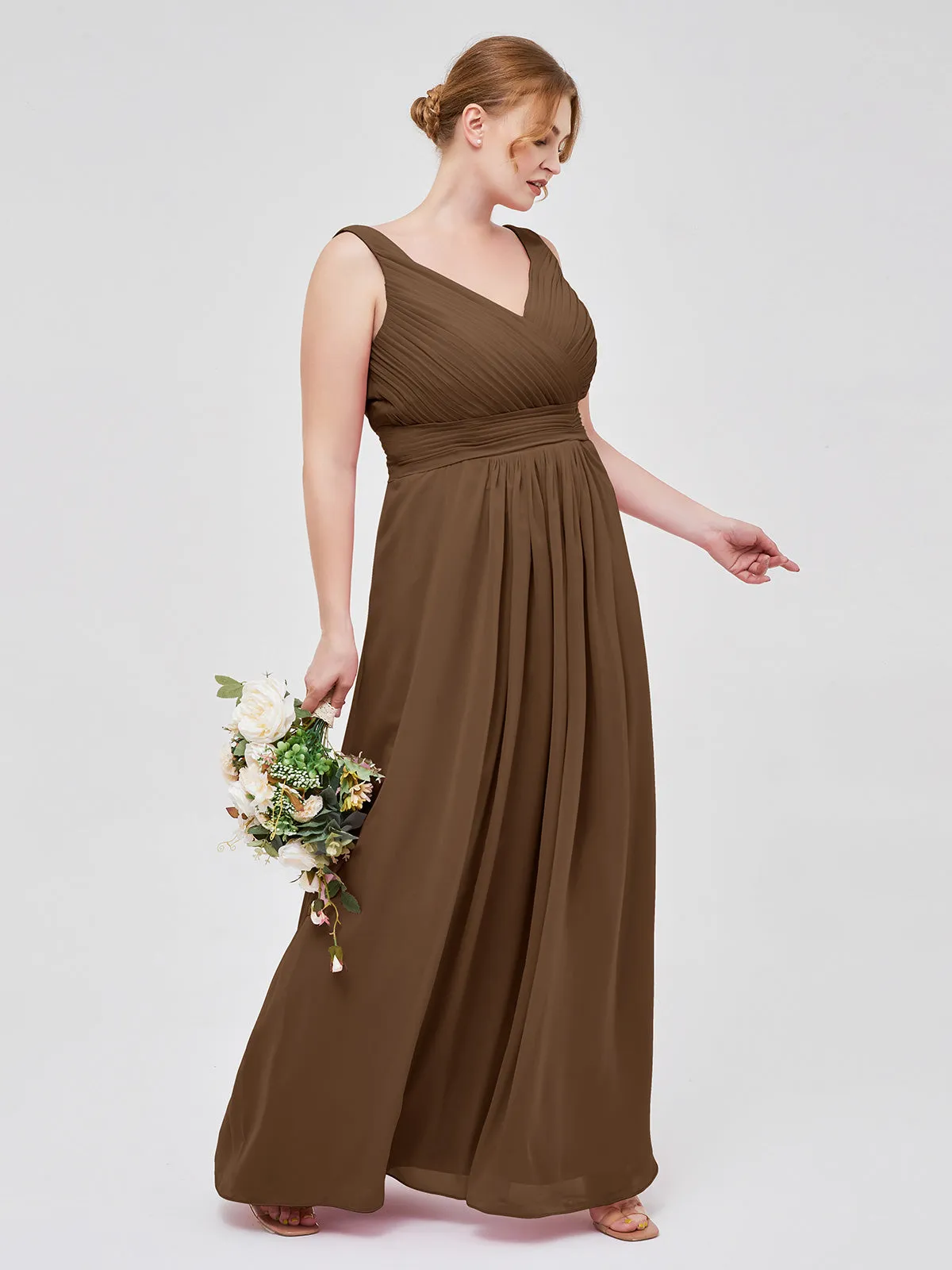 A-line Chiffon Floor Length V Neck Dresses Brown Plus Size