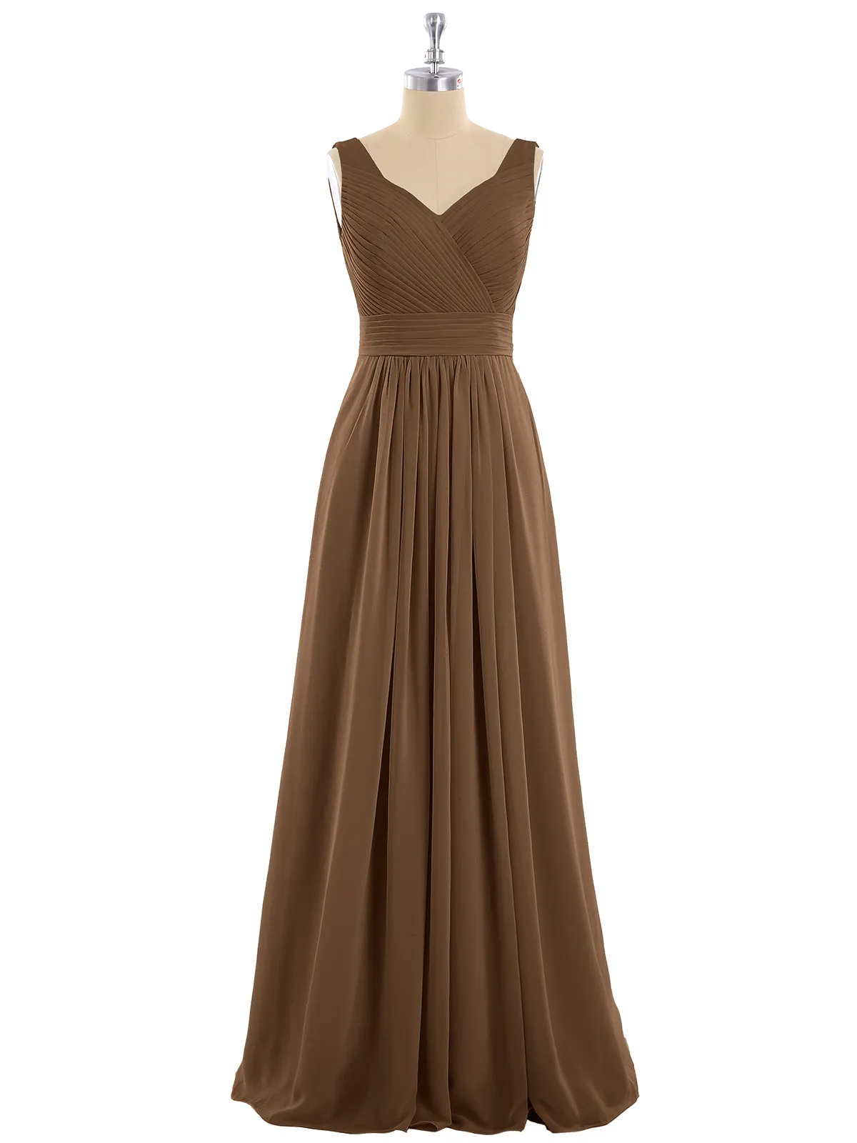 A-line Chiffon Floor Length V Neck Dresses Brown Plus Size