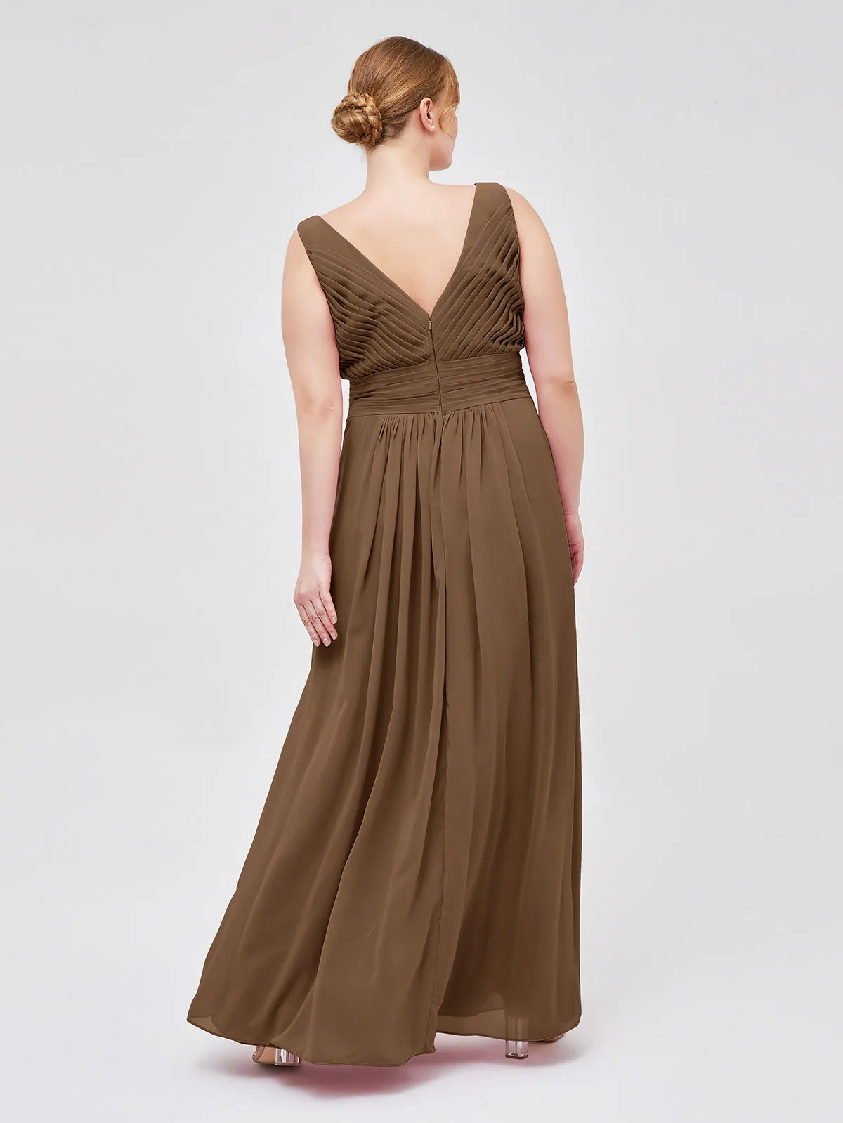 A-line Chiffon Floor Length V Neck Dresses Brown Plus Size