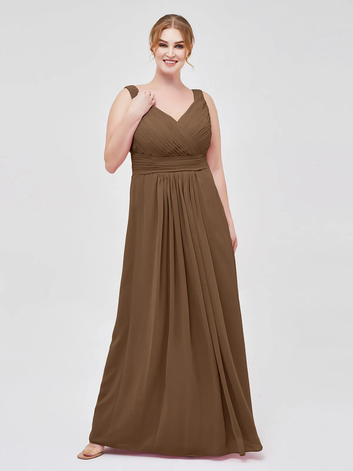 A-line Chiffon Floor Length V Neck Dresses Brown Plus Size