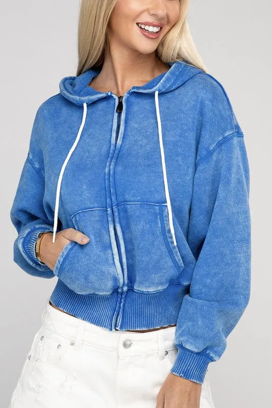 Acid Wash Fleece Cropped Zip-Up Hoodie