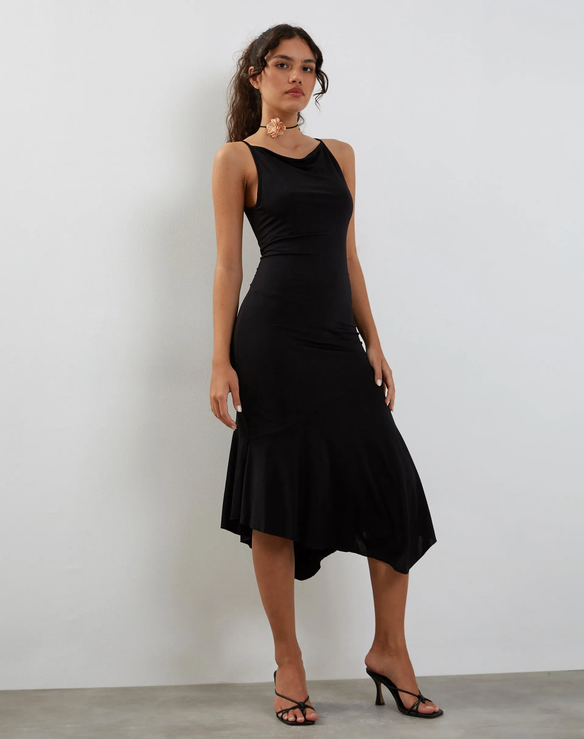 Adina Asymmetric Hem Midi Dress in Slinky Black