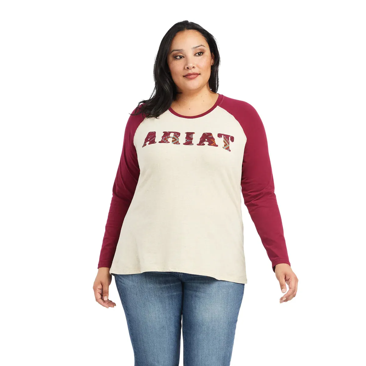 Ariat Womens R.E.A.L Oatmeal Heather/Beet Red Baseball T-Shirt