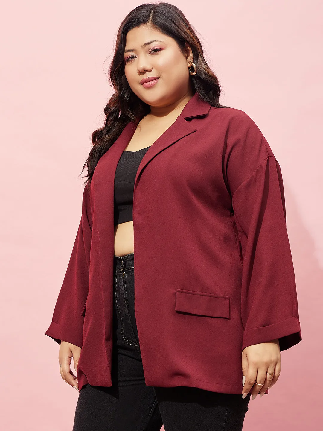 Berrylush Women Plus Size Solid Maroon Notched Lapel Neck Long Sleeve Open Front Longline Blazer