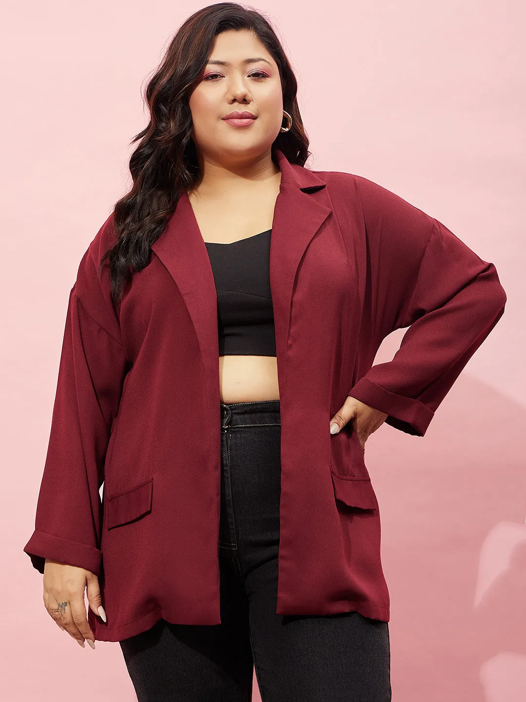 Berrylush Women Plus Size Solid Maroon Notched Lapel Neck Long Sleeve Open Front Longline Blazer