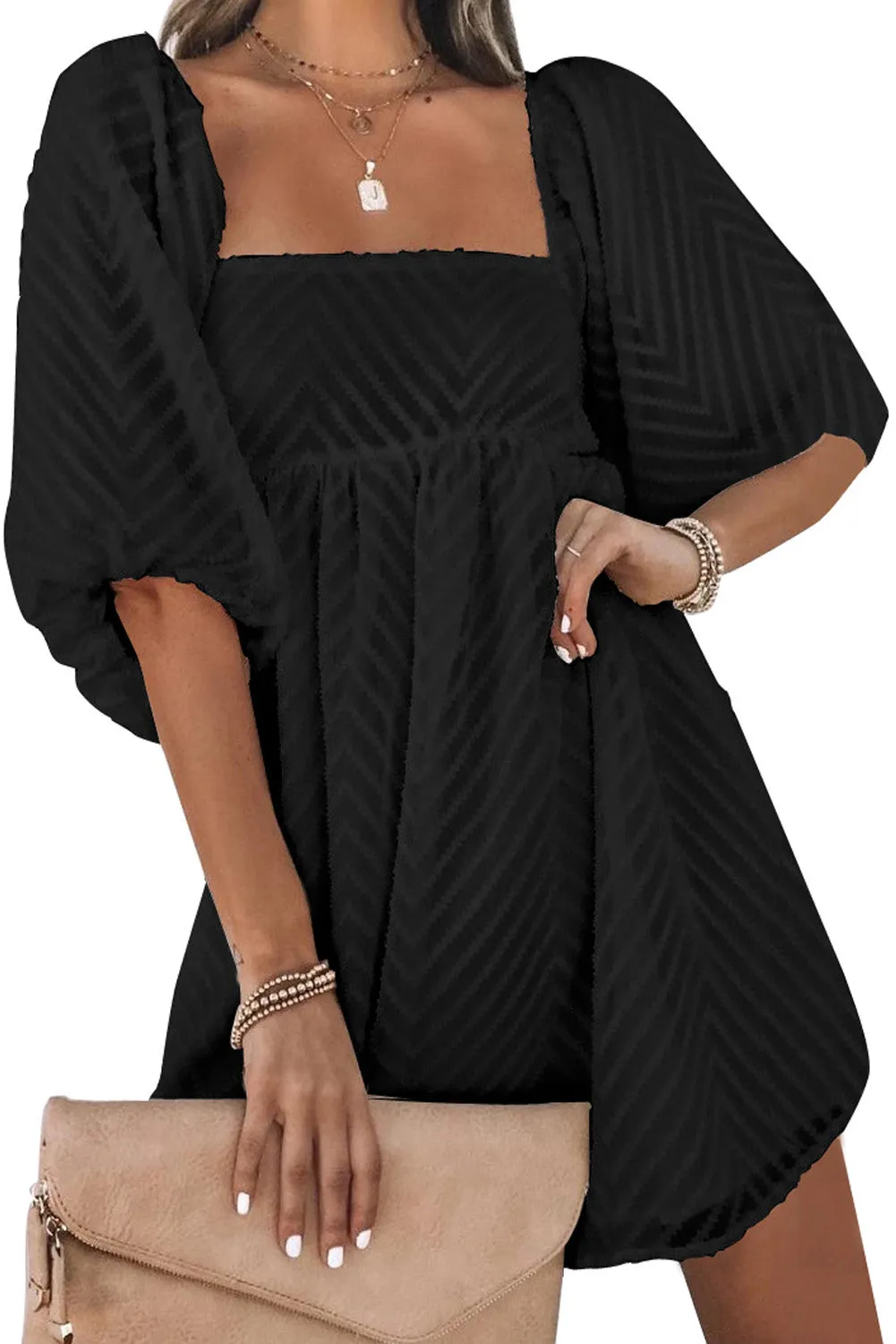 Black Square Collar Bubble Sleeve Mini Dress