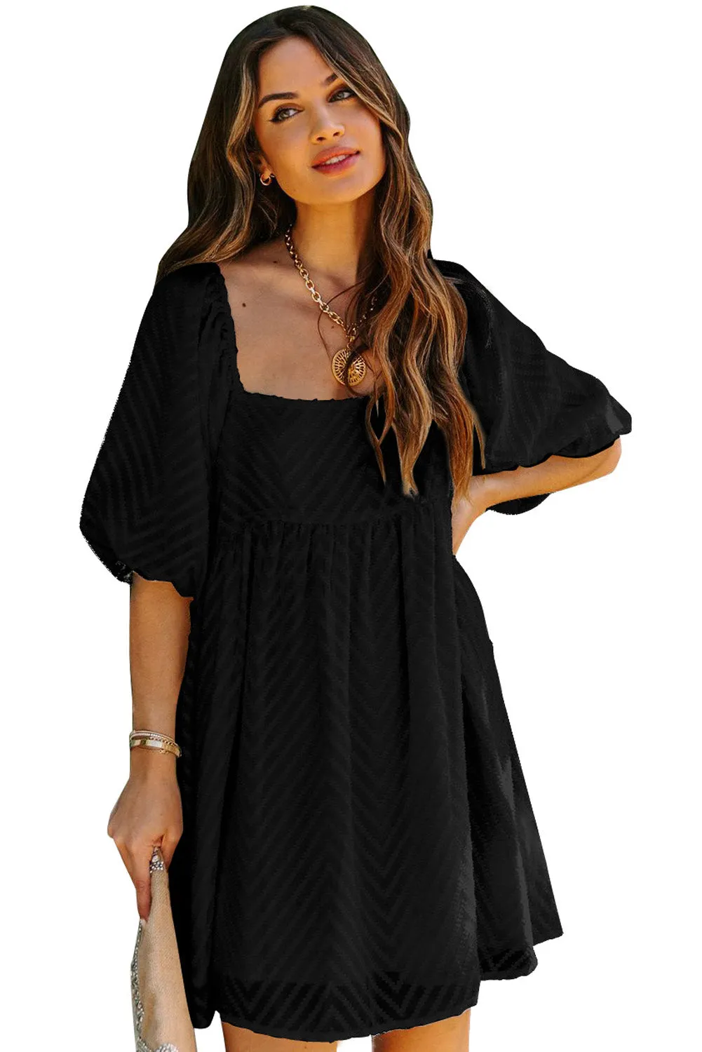 Black Square Collar Bubble Sleeve Mini Dress