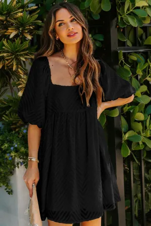 Black Square Collar Bubble Sleeve Mini Dress