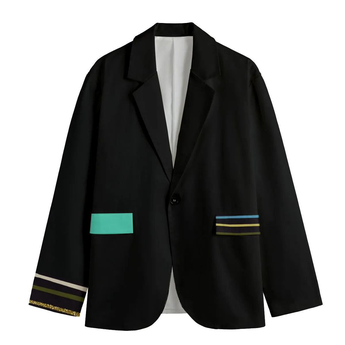 Black Teal Vibe Printed Flat Lapel Collar Blazer