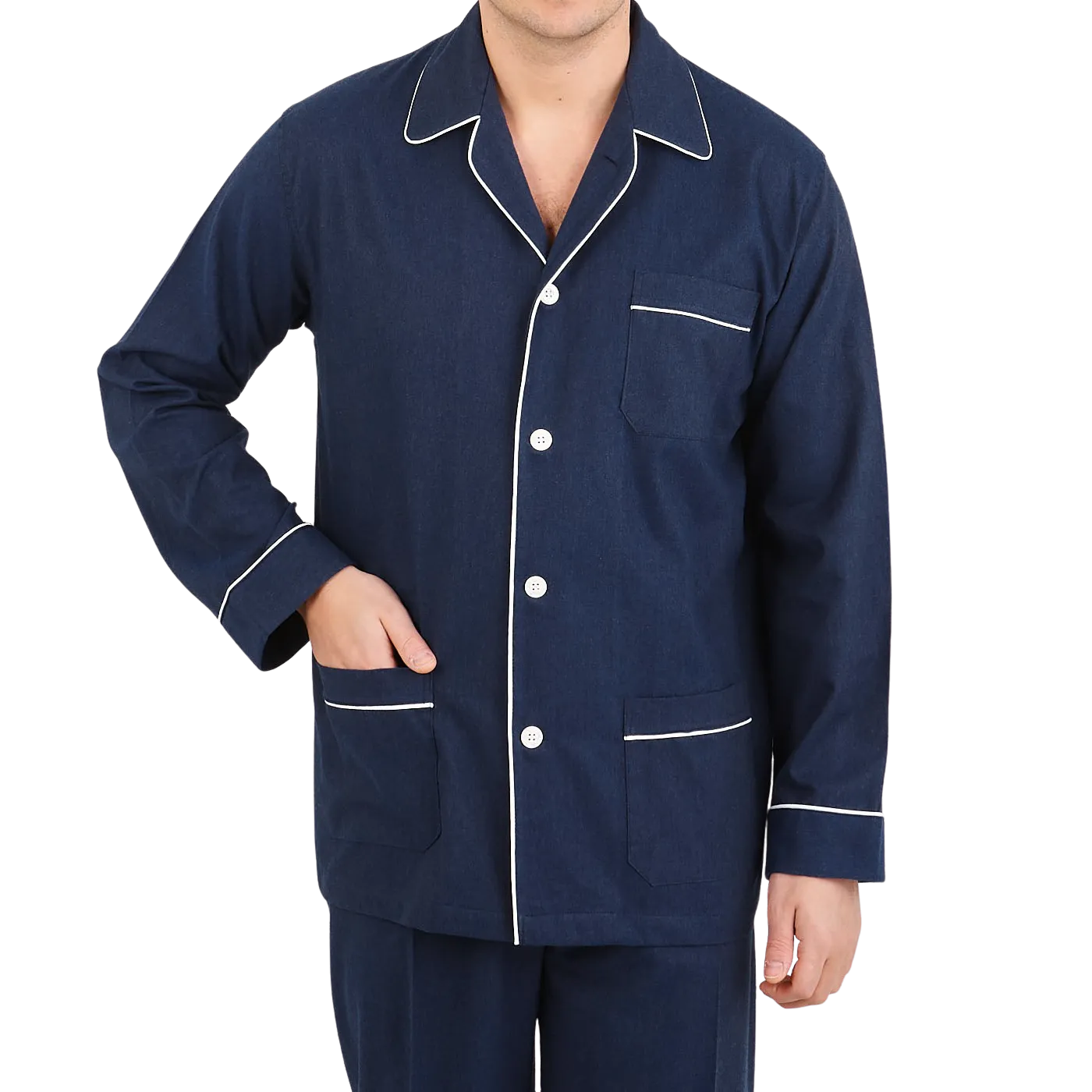 Blue Piped Cotton Classic Fit Pyjamas