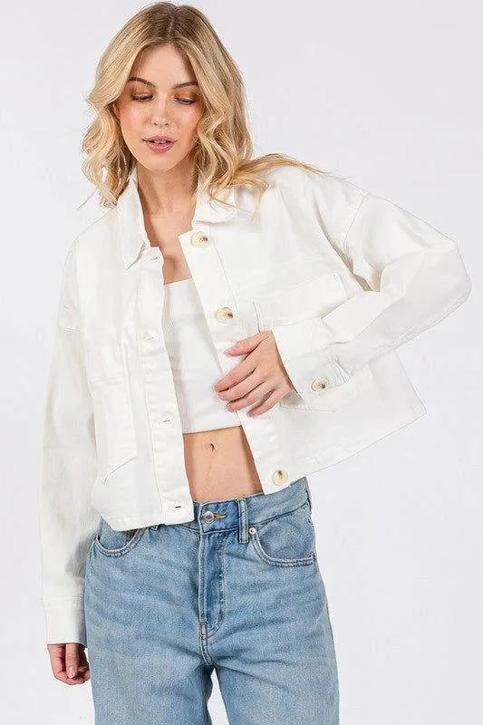 bytos Button Down Cropped Denim Jacket with Patch Pockets In White