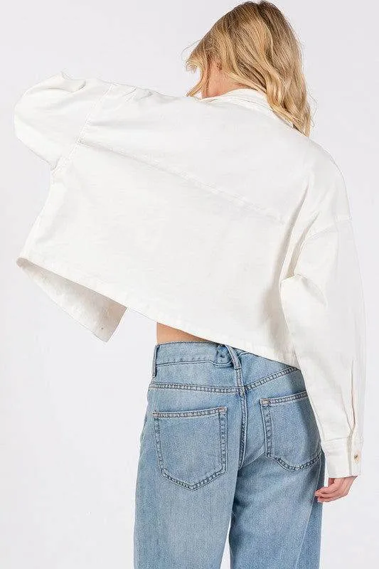 bytos Button Down Cropped Denim Jacket with Patch Pockets In White