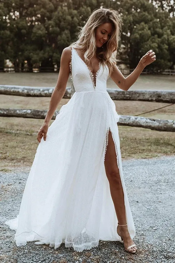 Casual Flowy Boho Wedding Dress with Side Slit