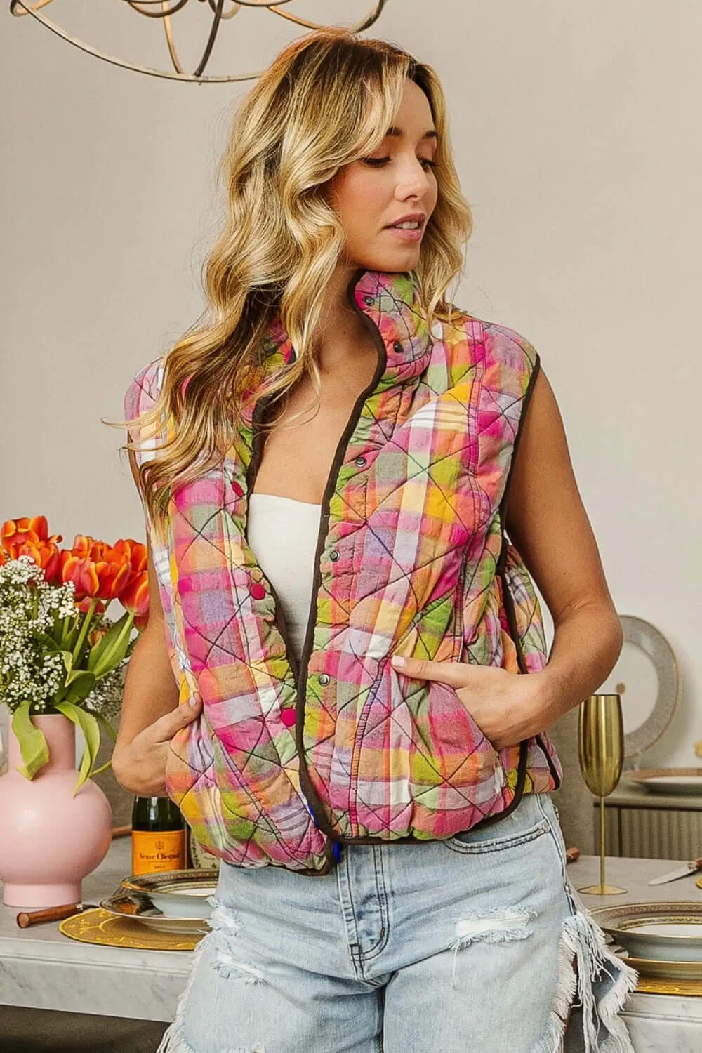 Colorful Quilted Washed Plaid Snap Down Vest