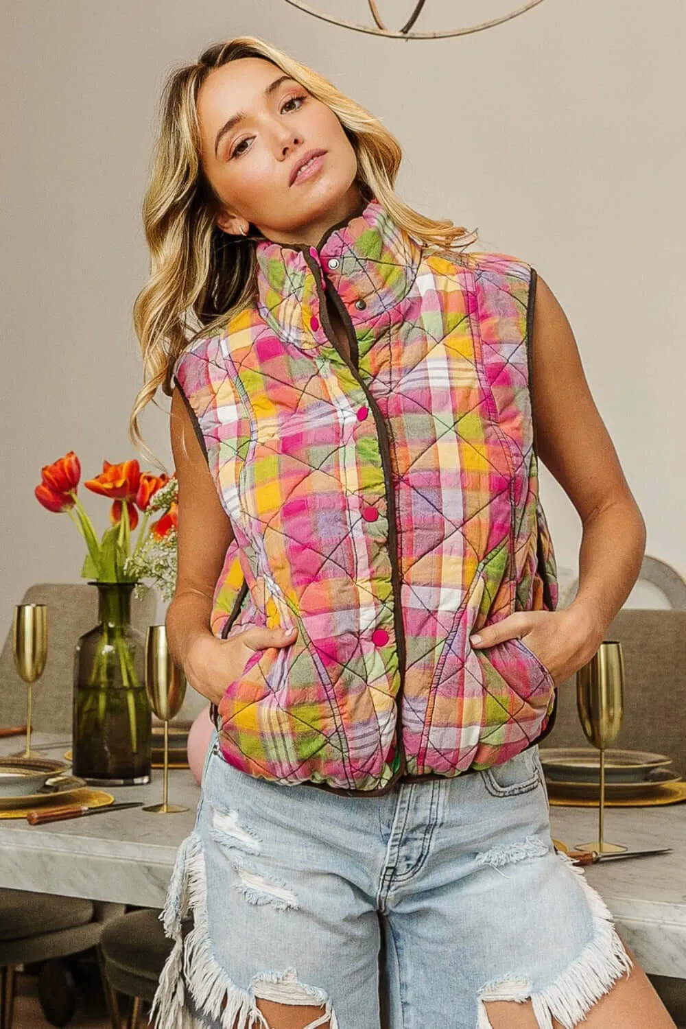 Colorful Quilted Washed Plaid Snap Down Vest