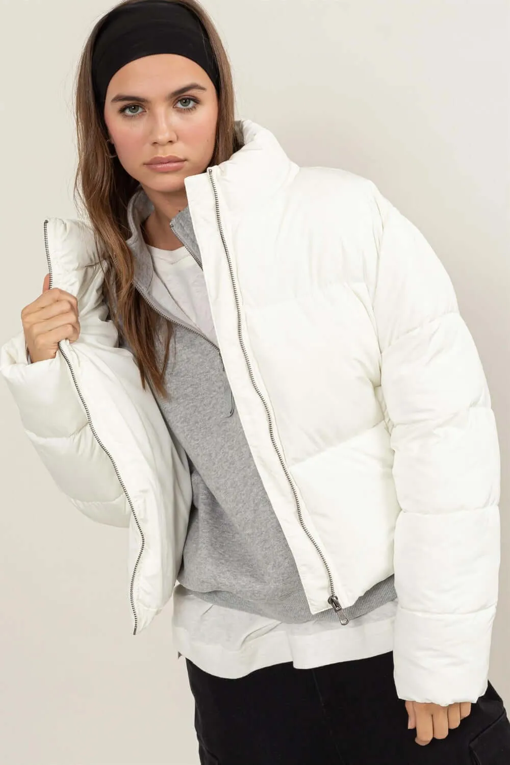 Cream White Quilted Back Drawstring Puffer Jacket