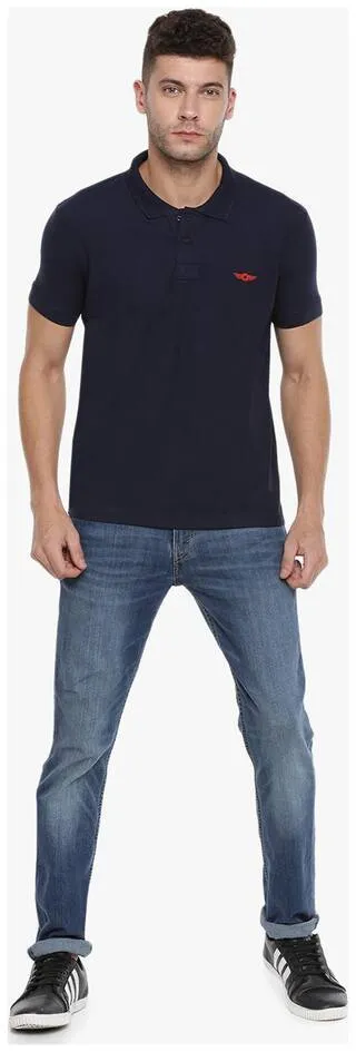 Dark Blue Slim Fit Polo Neck T-Shirt with collar for Men