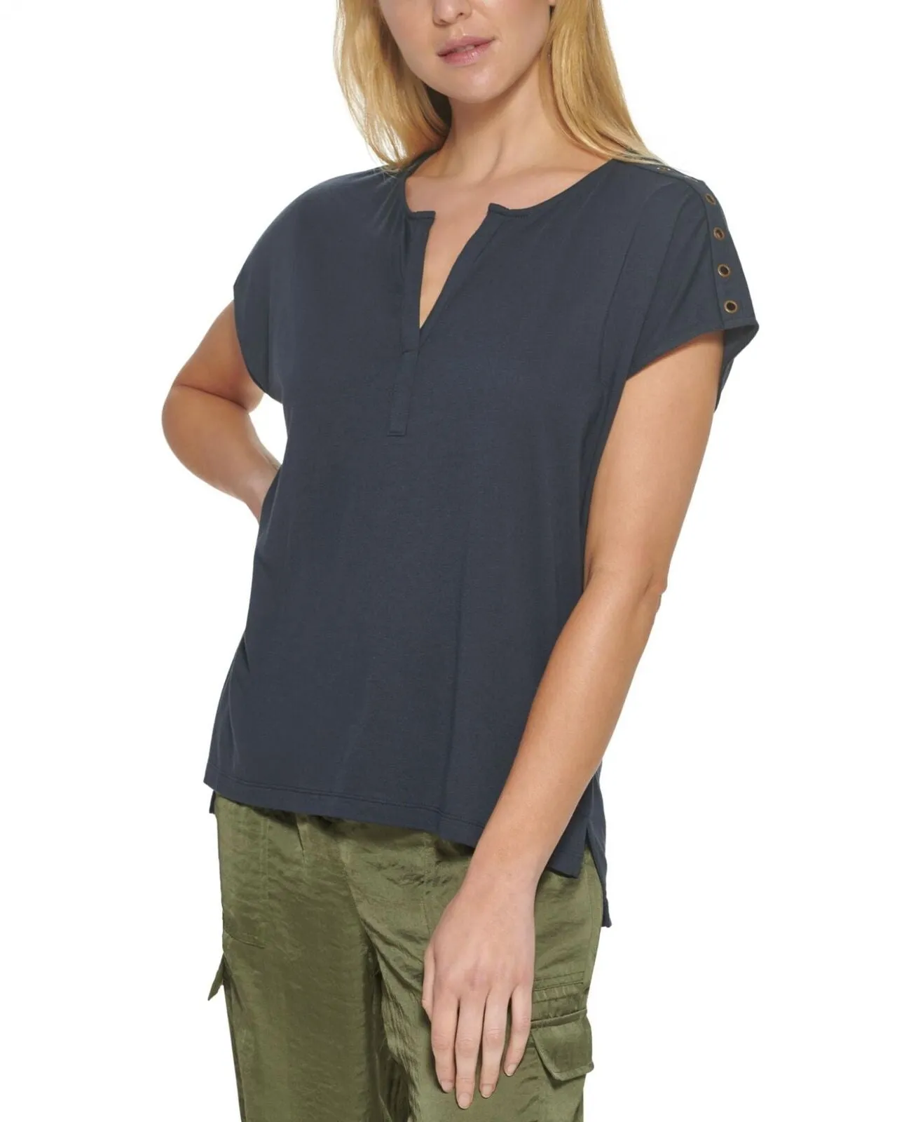 DKNY Womens Grommet-Trim Split-Neck Top P1FH0J68 Blue 2XS