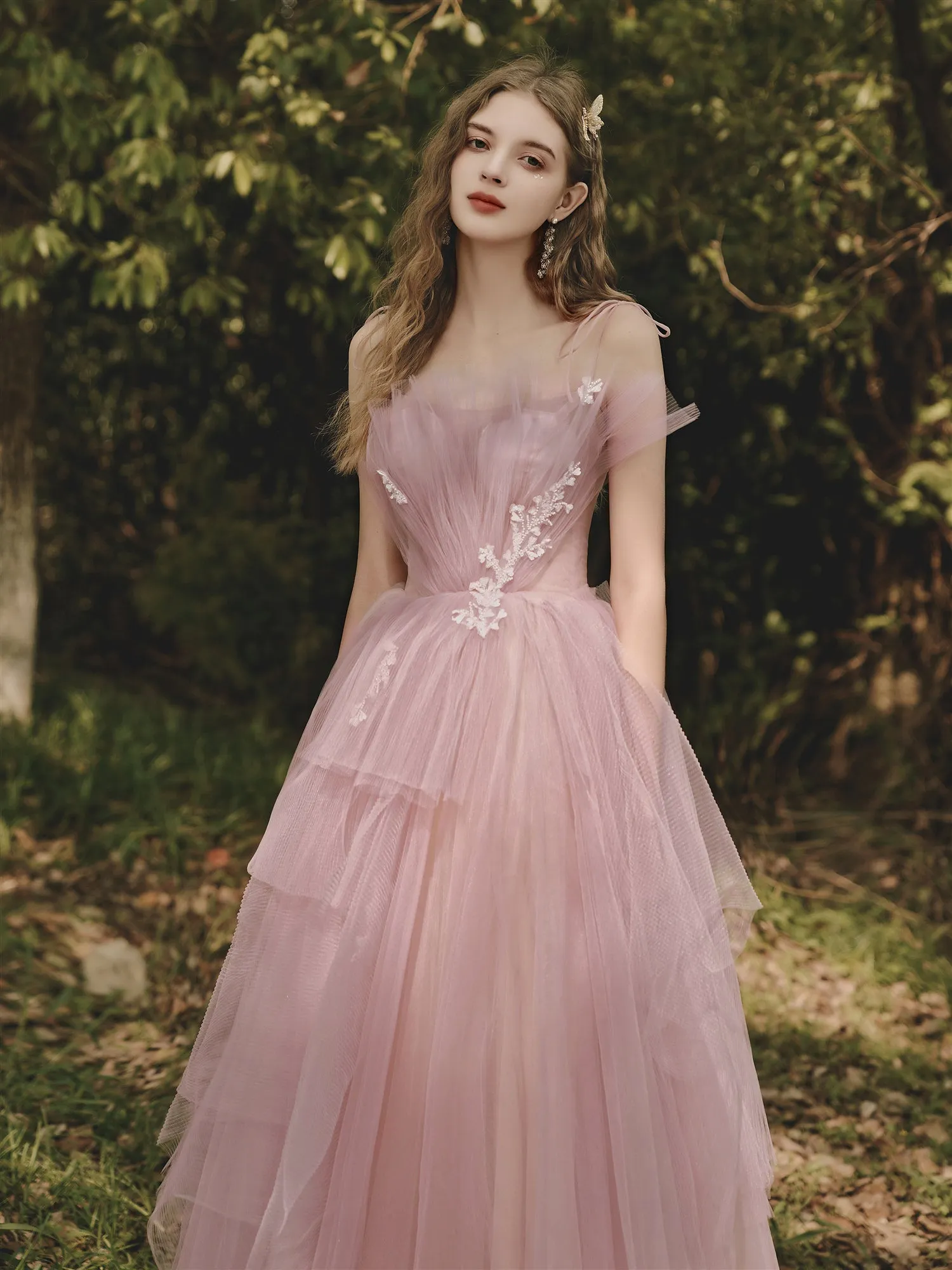 Dusty Rose Flowy Tulle Tiered Prom Dress