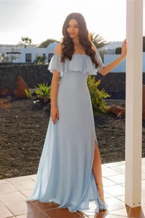 Flowy Light Sky Blue Chiffon Long Prom Dresses Elegant Wedding Party Dresses