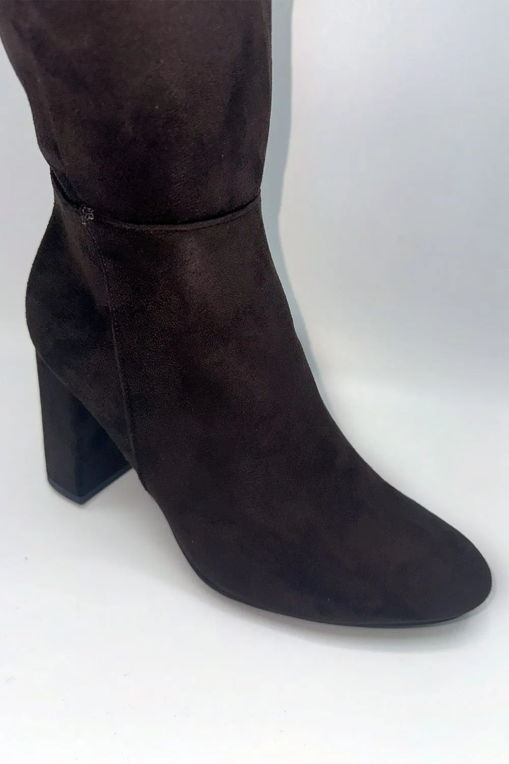 Geena Knee High Block Heel Wide Fit Boots in Chocolate