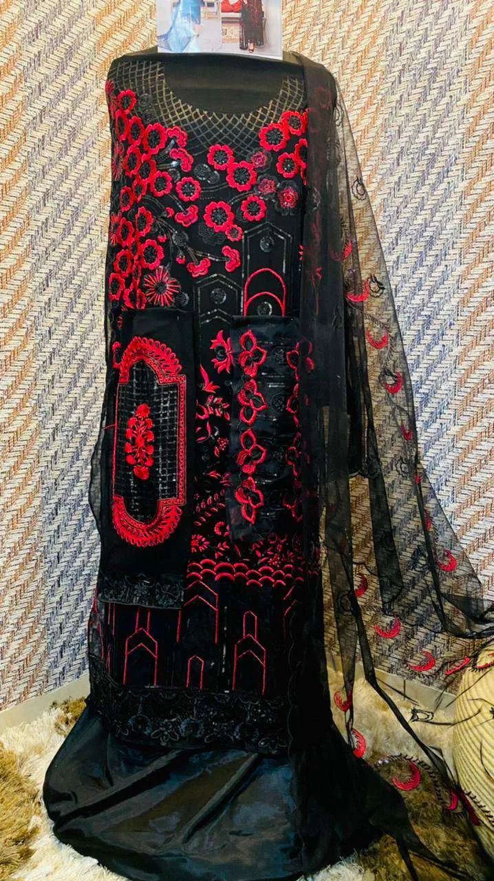 Georgette Red and Black with Heavy Embroidery Unstitched Party Wear Pakistani Suits