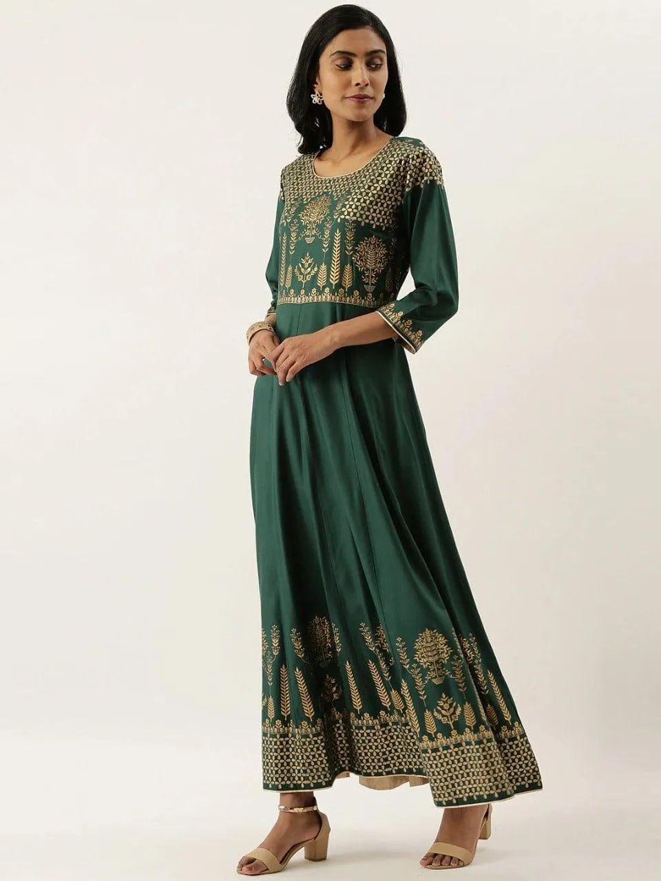 Green & Gold-Toned Printed A-Line Kurta