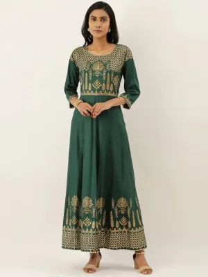 Green & Gold-Toned Printed A-Line Kurta