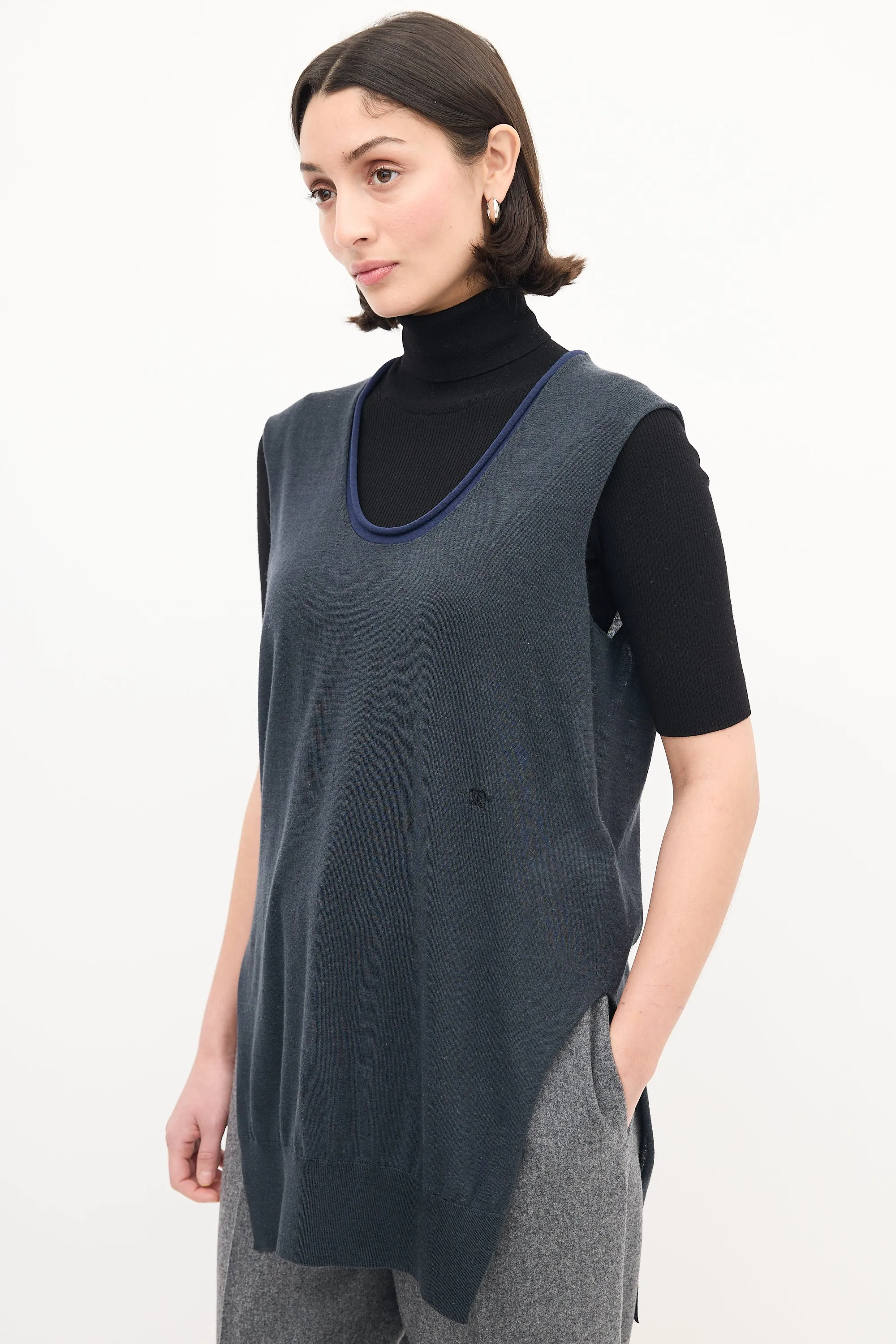 Grey & Navy Wool Silk Blend Vest