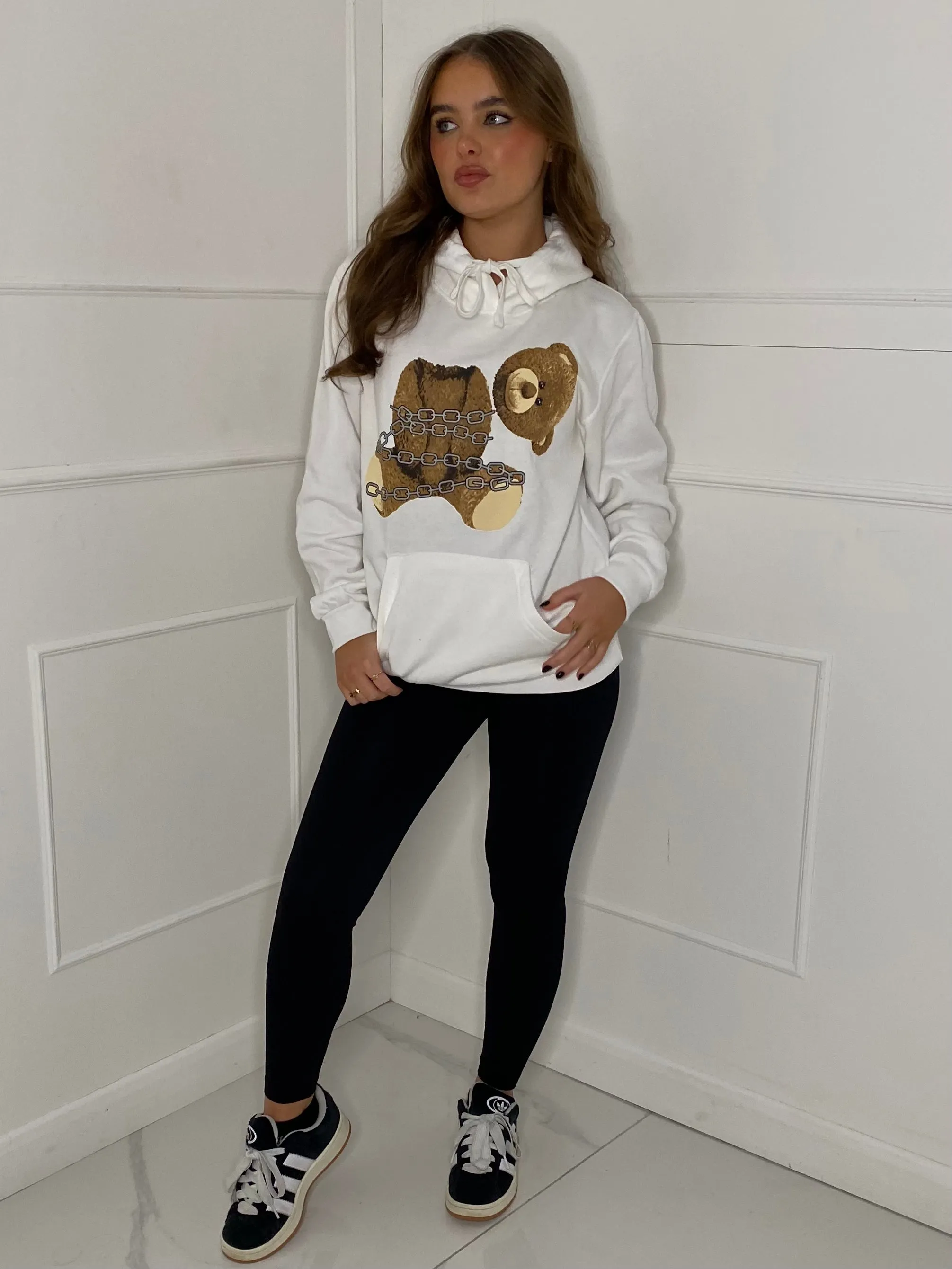 Headless Chain Teddy Print Hoodie - White