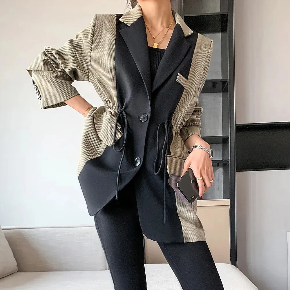 Hit Color Blazers For Women Lapel Long Sleeve Patchwork Pocket Drawstring Casual Blazers Female Spring Clothing