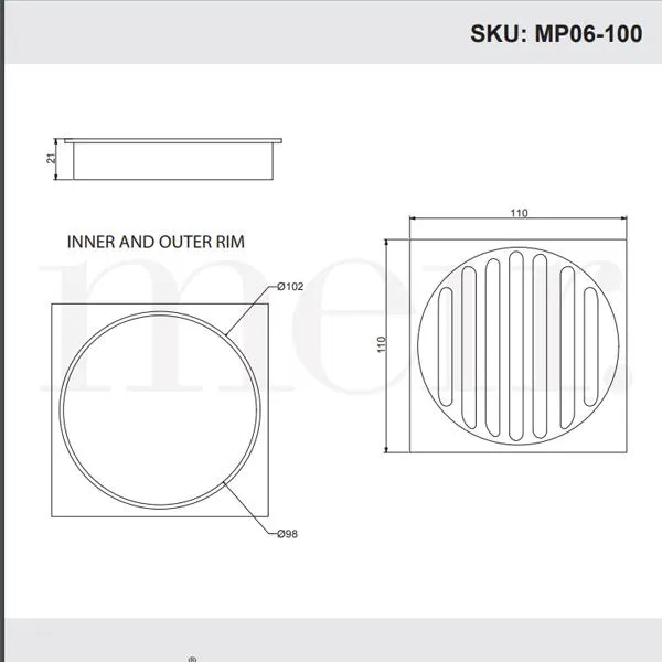 Meir Square Floor Grate Shower Drain 100mm Outlet - Matte Black