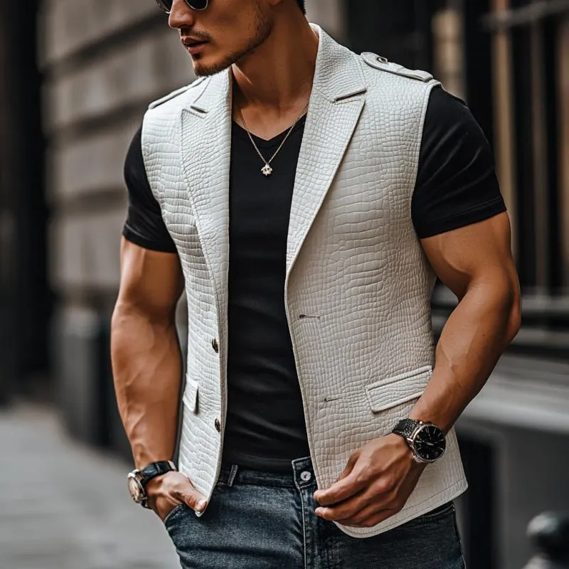 Men's Fashion Crocodile Leather Peaked Lapel Single Breasted Slim Fit Vest 84236519M