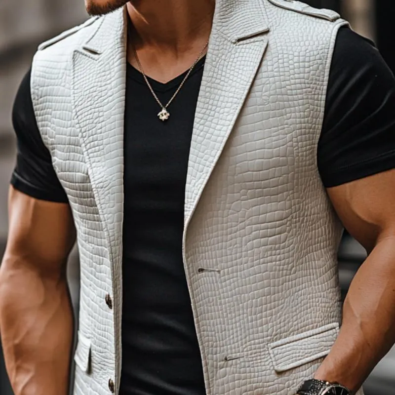 Men's Fashion Crocodile Leather Peaked Lapel Single Breasted Slim Fit Vest 84236519M