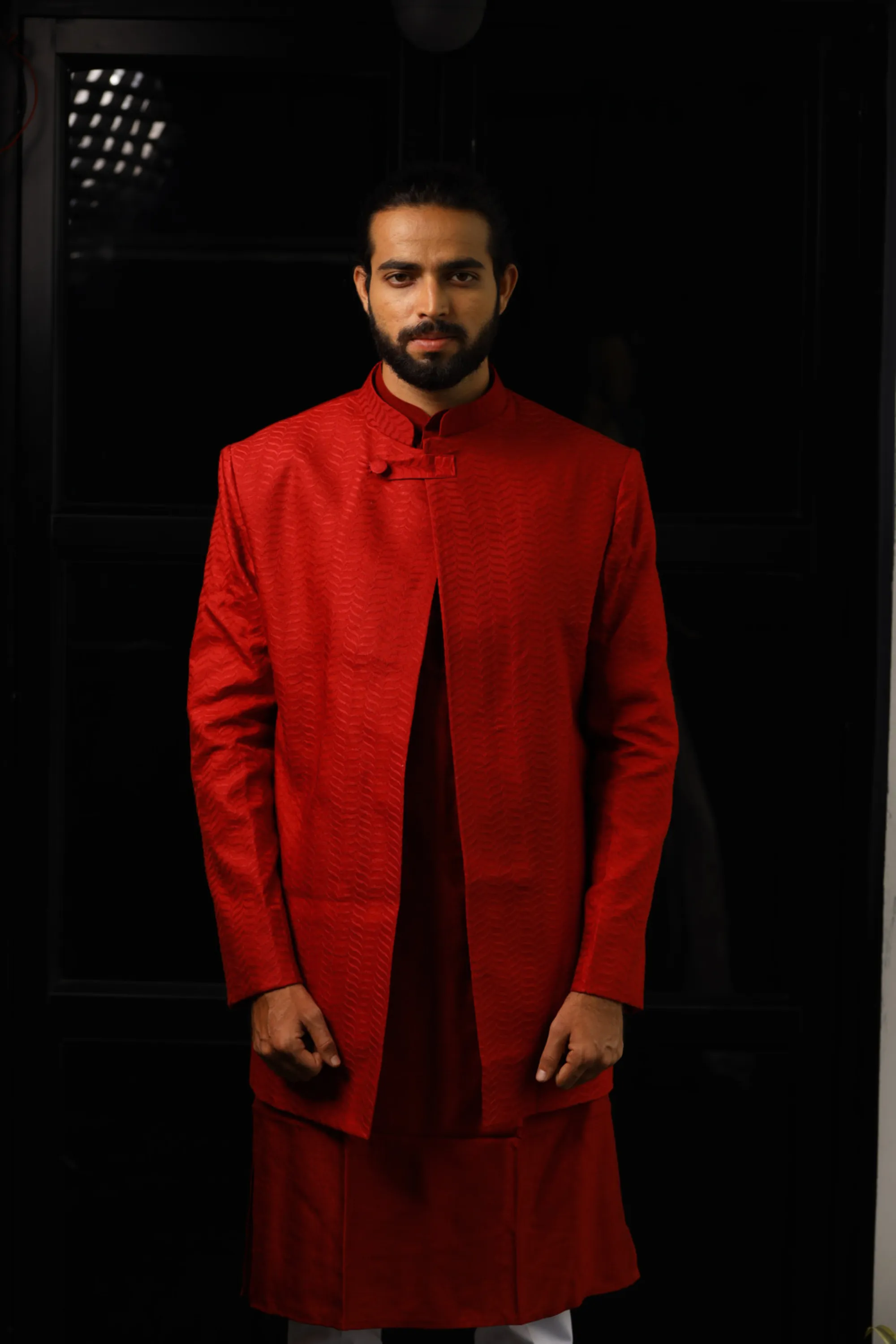 Men's Red Color Indo-Western Suit - Hilo Design