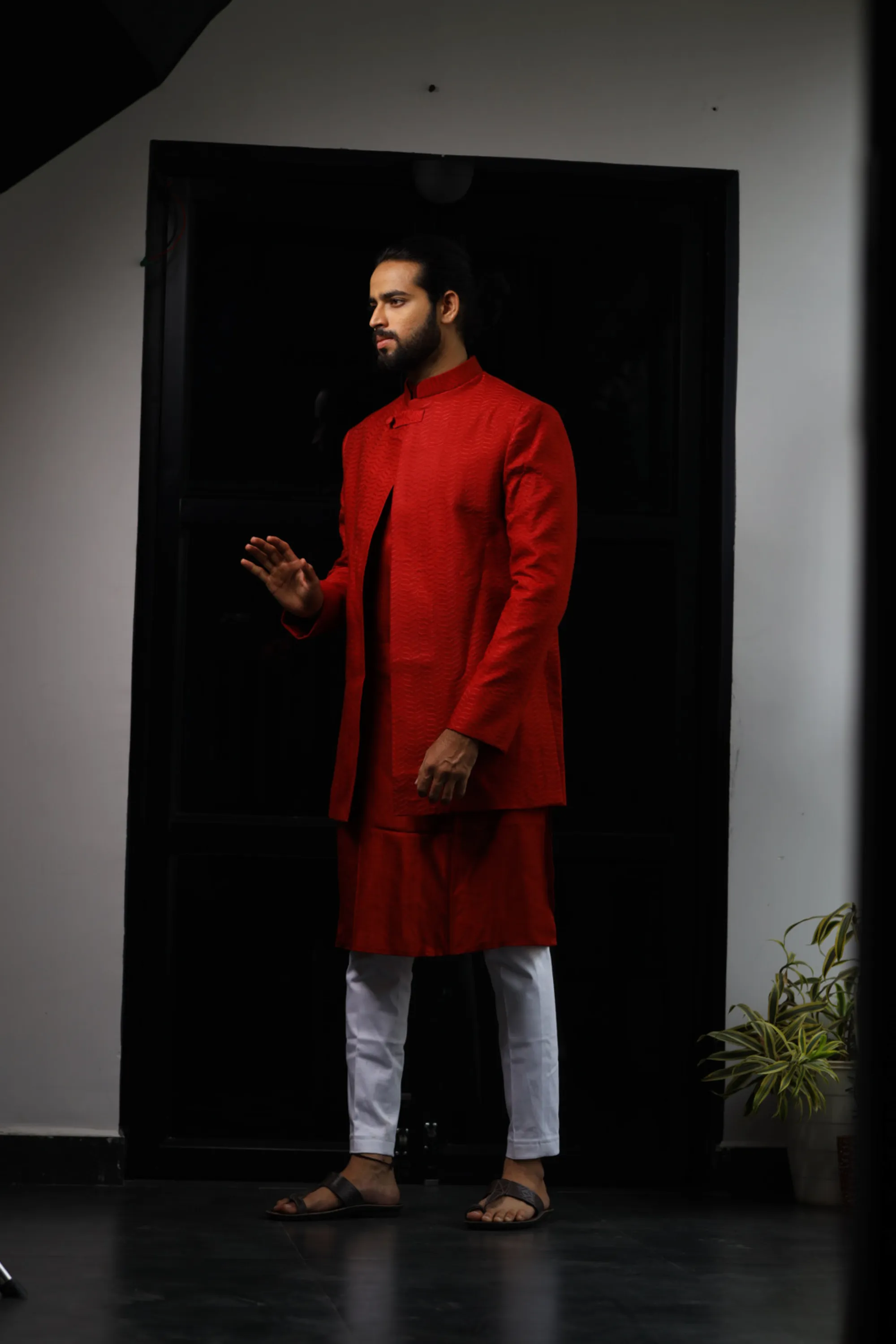 Men's Red Color Indo-Western Suit - Hilo Design