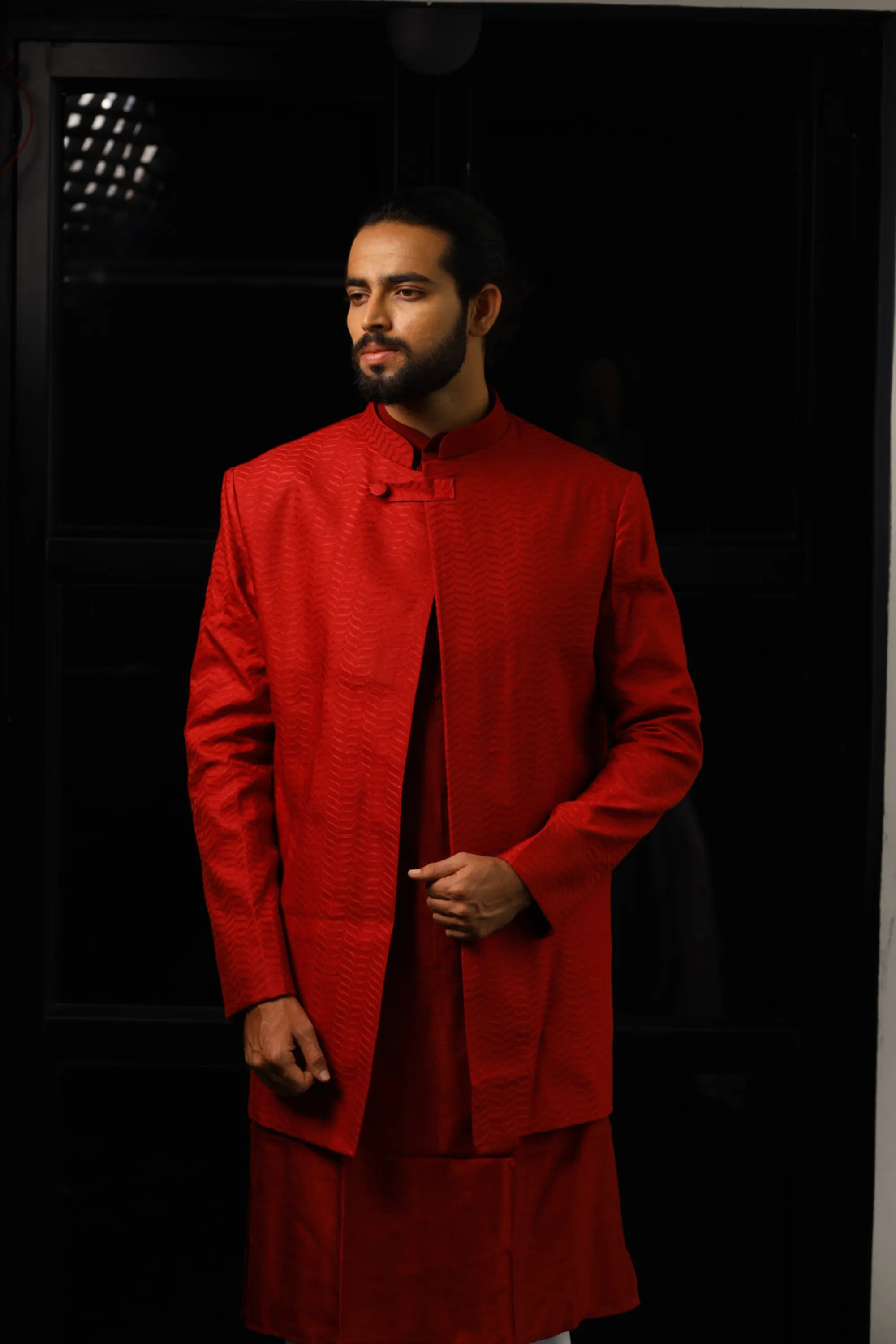 Men's Red Color Indo-Western Suit - Hilo Design