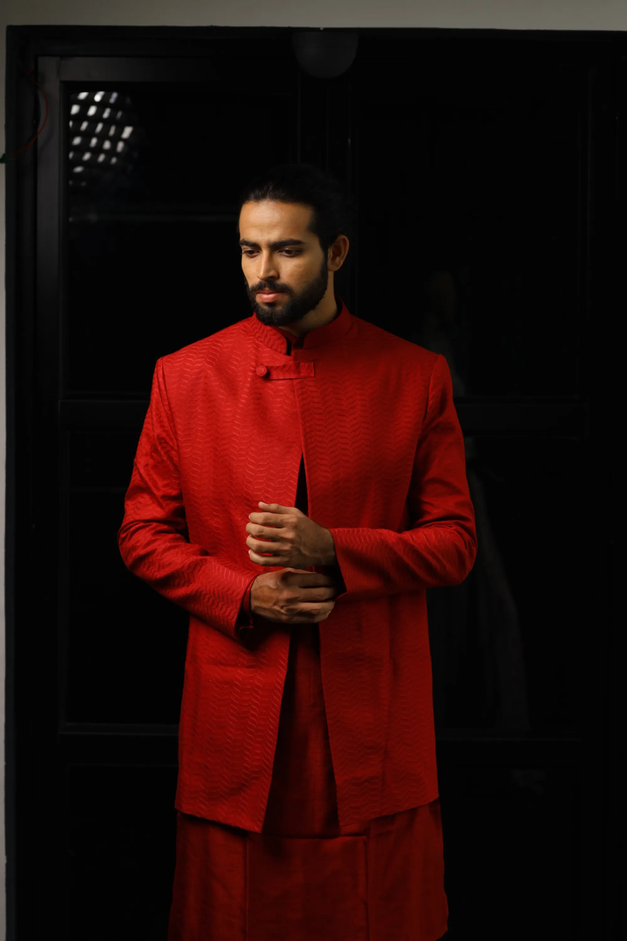 Men's Red Color Indo-Western Suit - Hilo Design