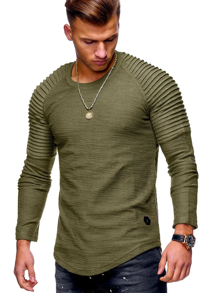 Men'S Round Neck Slim Solid Colour Long-Sleeved Striped Ruffle T-Shirt