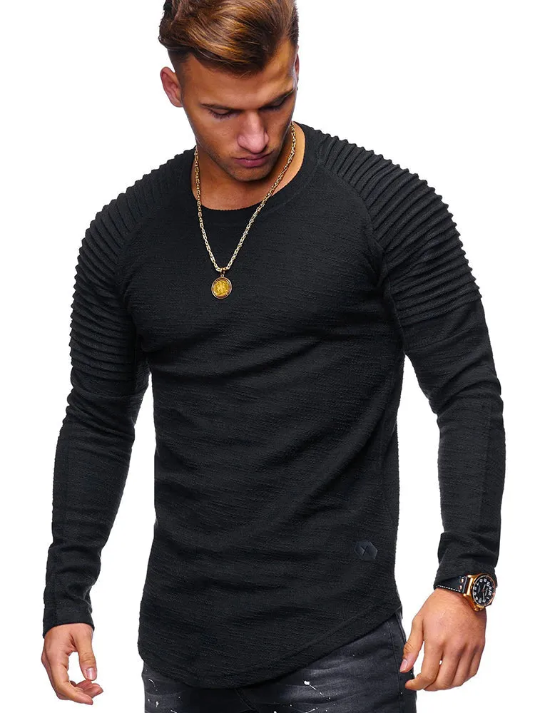 Men'S Round Neck Slim Solid Colour Long-Sleeved Striped Ruffle T-Shirt