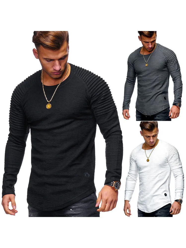 Men'S Round Neck Slim Solid Colour Long-Sleeved Striped Ruffle T-Shirt