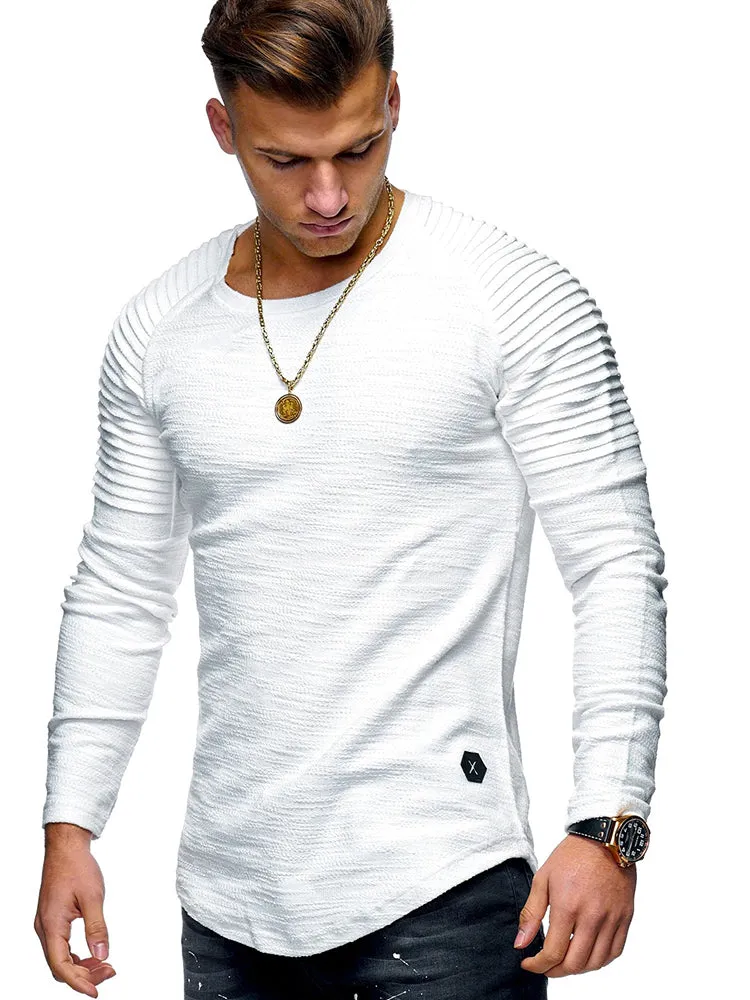 Men'S Round Neck Slim Solid Colour Long-Sleeved Striped Ruffle T-Shirt