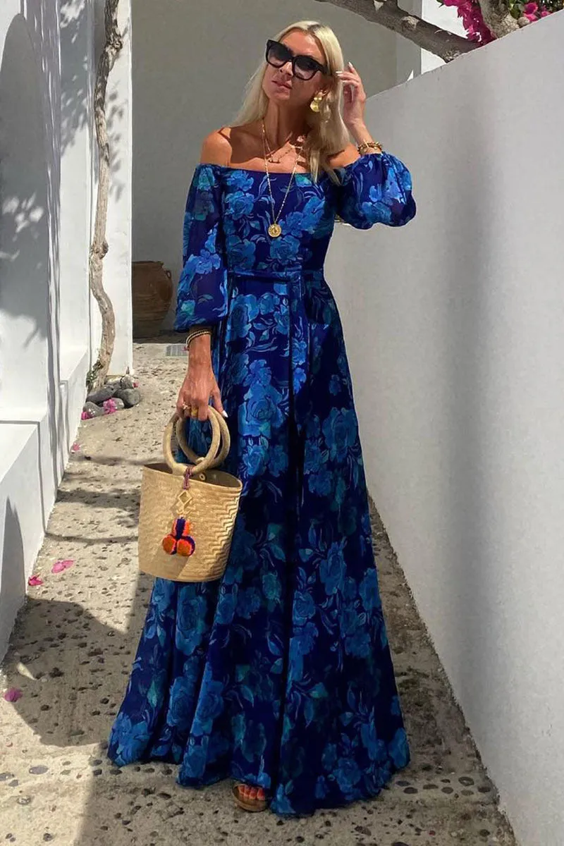 Off Shoulder Bell Sleeve Floral Flowy Vacation Maxi Dresses