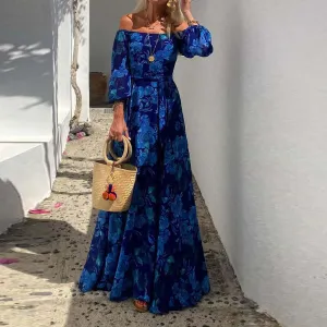 Off Shoulder Bell Sleeve Floral Flowy Vacation Maxi Dresses