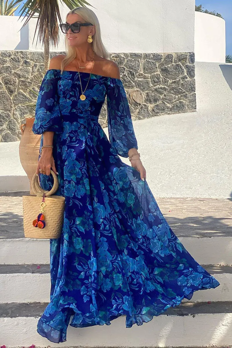 Off Shoulder Bell Sleeve Floral Flowy Vacation Maxi Dresses