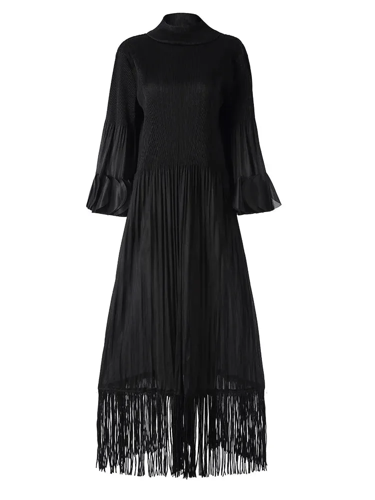 Plissé Pleated Tassel Long Sleeve Midi Dress