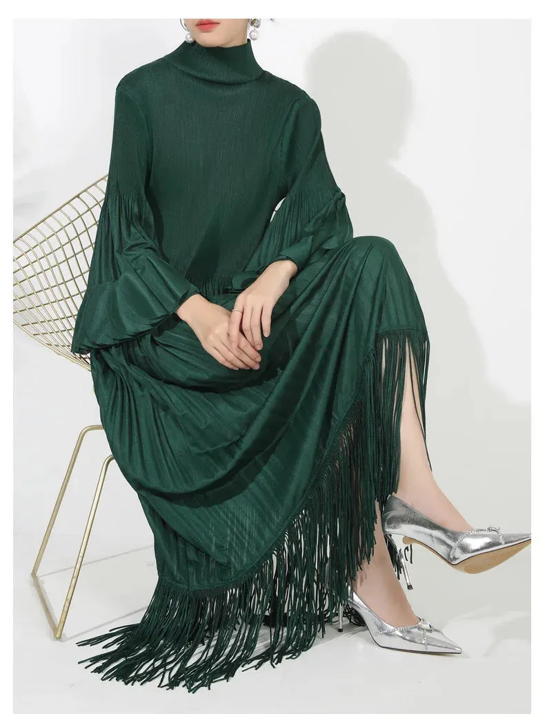 Plissé Pleated Tassel Long Sleeve Midi Dress